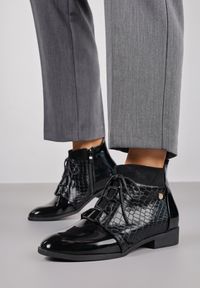 Born2be - Czarne Sznurowane Botki Vices w Eleganckim Stylu Viellie. Okazja: na spotkanie biznesowe, do pracy, na co dzień. Kolor: czarny. Materiał: jeans. Wzór: aplikacja. Obcas: na obcasie. Styl: elegancki. Wysokość obcasa: niski #6