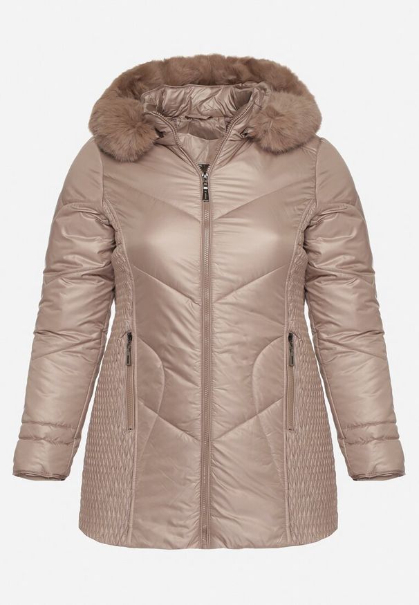 Born2be - Ciemnobeżowa Kurtka z Pikowanymi Przeszyciami i Kapturem z Futerkiem Vevea. Okazja: na co dzień, do pracy, na spacer, na spotkanie biznesowe. Kolekcja: plus size. Kolor: beżowy. Materiał: futro. Styl: casual, elegancki, biznesowy