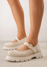 Renee - Beżowe Skórzane Półbuty Mary Jane w Stylu Chunky Zdobione Plecionką Morxina. Zapięcie: klamry. Kolor: beżowy. Materiał: skóra. Szerokość cholewki: normalna. Wzór: aplikacja. Styl: retro #8