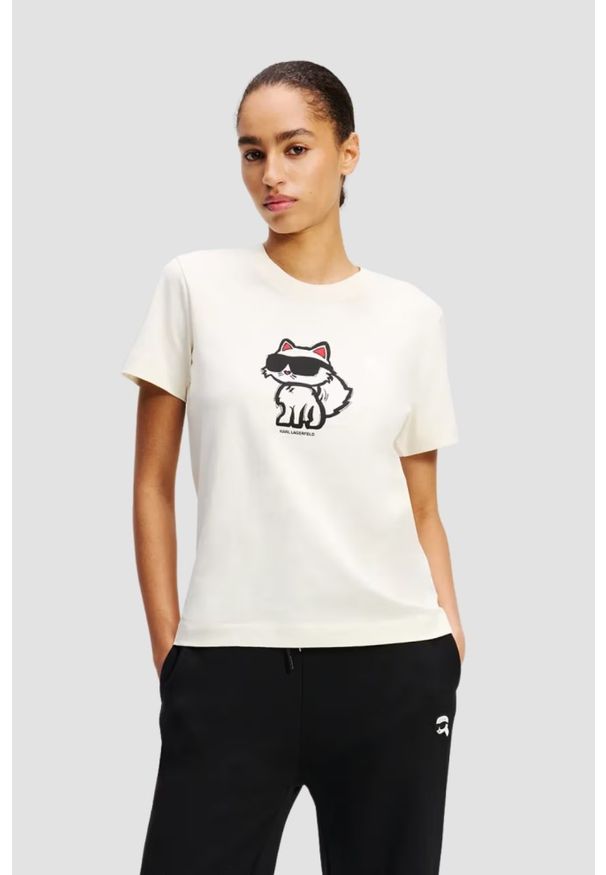 Karl Lagerfeld - KARL LAGERFELD Beżowy damski t-shirt Ikon Sketch Choupette. Kolor: beżowy