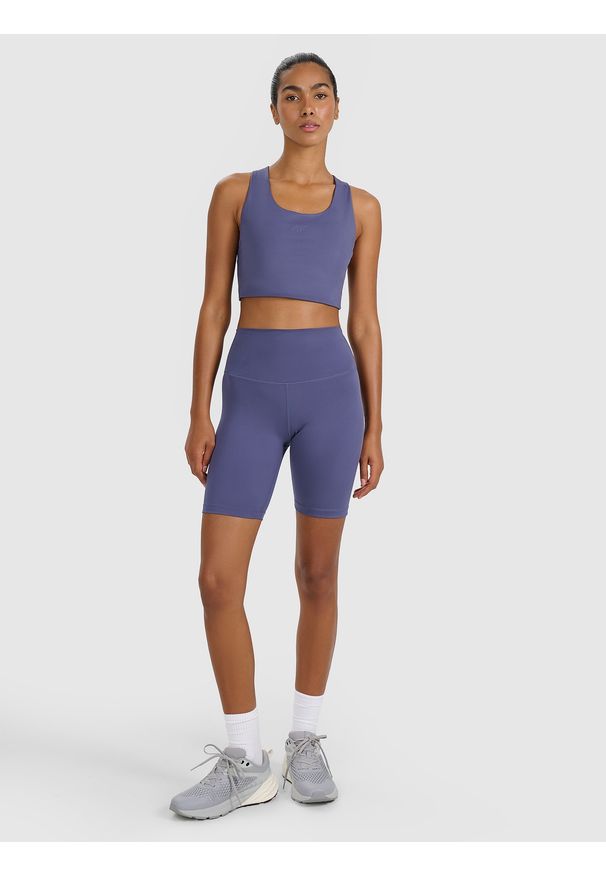 4f - 4F Biustonosz treningowy z niskim wsparciem - granatowy L. Kolor: niebieski. Materiał: elastan, włókno, syntetyk, materiał, guma. Rodzaj stanika: wyciągane miseczki. Wzór: gładki, ze splotem. Sport: fitness, joga i pilates