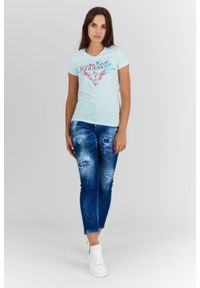 Guess - GUESS Błękitny t-shirt damski z logo z liśćmi i cyrkoniami. Typ kołnierza: dekolt w serek. Kolor: niebieski. Materiał: bawełna. Wzór: kwiaty #3