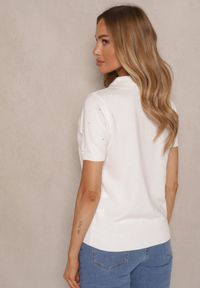 Renee - Biały Wiskozowy T-shirt w Stylu Polo ze Sweterkowej Dzianiny Hiliora. Okazja: na spotkanie biznesowe, na co dzień. Typ kołnierza: polo. Kolor: biały. Materiał: wiskoza, dzianina. Wzór: aplikacja. Styl: casual, elegancki, biznesowy #5