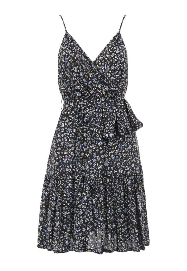 Born2be - Czarna Sukienka z Wiskozy Eudaia. Typ kołnierza: dekolt kopertowy. Kolor: czarny. Wzór: aplikacja, kwiaty. Typ sukienki: rozkloszowane, kopertowe. Materiał: wiskoza. Długość rękawa: na ramiączkach. Sezon: lato. Styl: wakacyjny. Długość: mini