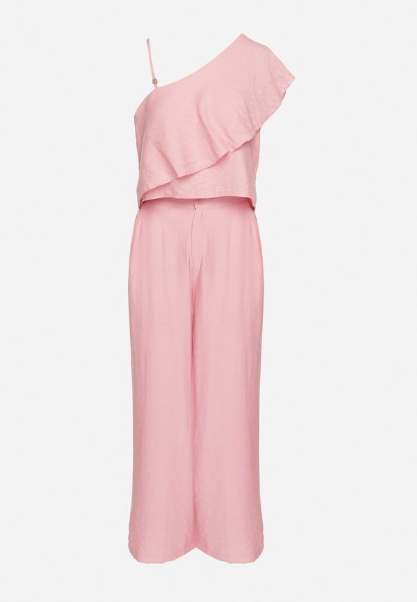 Born2be - Różowy Komplet z Wiskozą Asymetryczny Top z Falbanką i Szerokie Spodnie Niraleine. Kolor: różowy. Materiał: wiskoza. Wzór: aplikacja