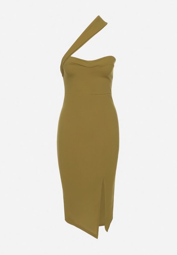 Born2be - Jasnozielona Dopasowana Sukienka z Asymetrycznym Dekoltem i Rozcięciem na Nogę Ersenllia. Okazja: na imprezę. Kolor: zielony. Typ sukienki: asymetryczne. Styl: elegancki, wizytowy