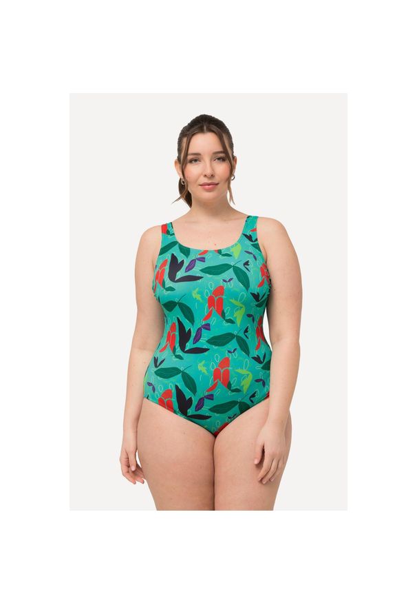 ULLA POPKEN - Damskie Kostium kąpielowy wzór w liście bez miękkich miseczek okrągły dekolt. Kolekcja: plus size. Kolor: zielony. Materiał: poliester, materiał, elastan