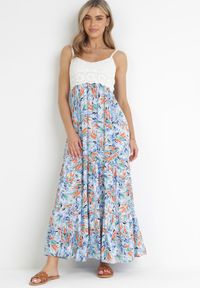 Born2be - Niebieska Wiskozowa Sukienka Maxi z Szydełkową Górą i Rozkloszowanym Dołem Eumila. Kolor: niebieski. Materiał: wiskoza. Długość rękawa: na ramiączkach. Sezon: wiosna, lato. Typ sukienki: rozkloszowane. Długość: maxi #1