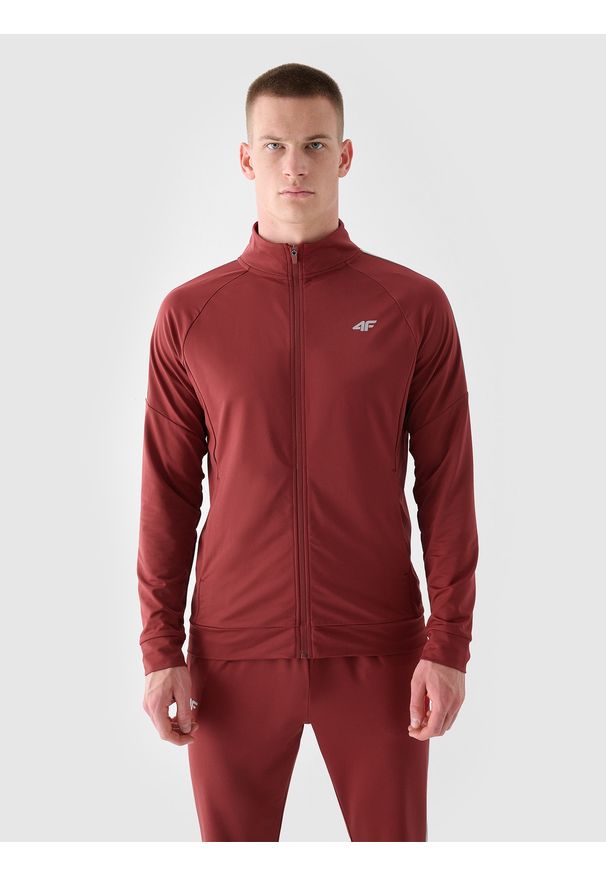 4f - 4F Bluza treningowa szybkoschnąca męska - czerwona M. Typ kołnierza: bez kaptura, kołnierzyk stójkowy. Kolor: czerwony. Materiał: dzianina, włókno, syntetyk, materiał, elastan. Długość rękawa: raglanowy rękaw. Wzór: gładki, jednolity. Styl: sportowy. Sport: fitness