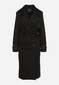 Born2be - Czarny Płaszcz Trencz z Paskiem w Talii i na Rękawach Irimarine. Okazja: na co dzień. Kolor: czarny. Materiał: jeans. Długość rękawa: długi rękaw. Długość: długie. Styl: casual, klasyczny, wizytowy #3