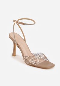 Renee - Ciemnobeżowe Sandały na Szpilce z Cyrkoniami i Przezroczystą Cholewką Fidanalia. Okazja: na co dzień. Zapięcie: sprzączka. Kolor: beżowy. Obcas: na szpilce. Styl: boho, casual, klasyczny #2