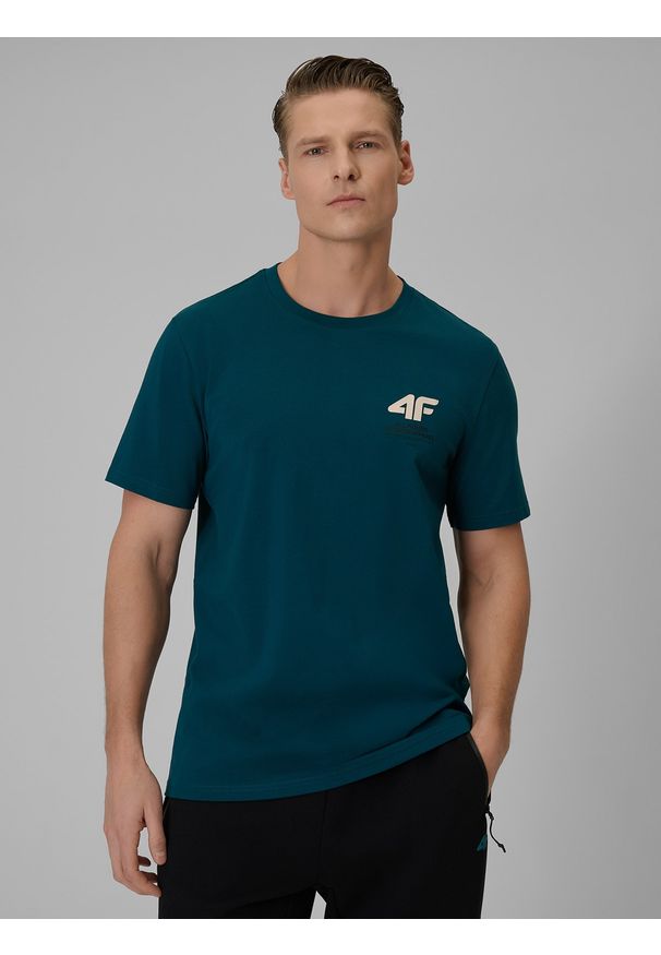 4f - 4F T-shirt regular gładki męski - turkusowy S. Okazja: na spacer, na co dzień. Kolor: turkusowy. Materiał: jeans, materiał, dresówka. Wzór: gładki. Styl: casual, klasyczny