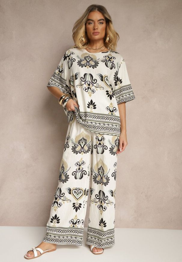 Renee - Czarno-Beżowy Wiskozowy Komplet w Orientalny Print Szerokie Spodnie i T-shirt Pollialia. Kolor: czarny. Materiał: wiskoza. Wzór: nadruk