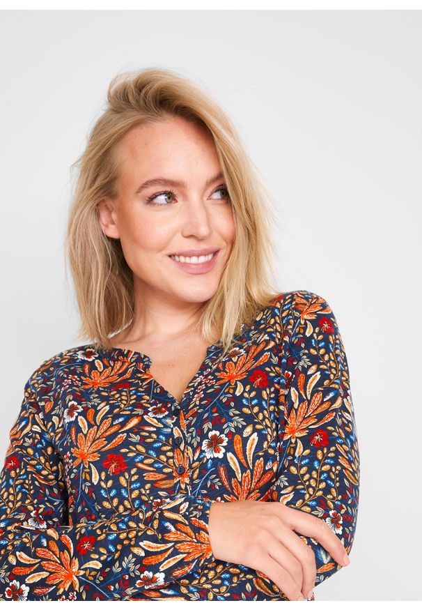 bonprix - Tunika shirtowa z nadrukiem, długi rękaw. Kolor: pomarańczowy. Długość rękawa: długi rękaw. Długość: długie. Wzór: nadruk