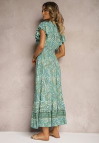 Renee - Zielona Bawełniana Sukienka Paisley z Kopertowym Dekoltem z Falbaną i Gumką w Talii Brionea. Okazja: na co dzień. Typ kołnierza: dekolt kopertowy. Kolor: zielony. Materiał: bawełna. Długość rękawa: krótki rękaw. Wzór: paisley. Typ sukienki: kopertowe. Styl: elegancki, casual #5