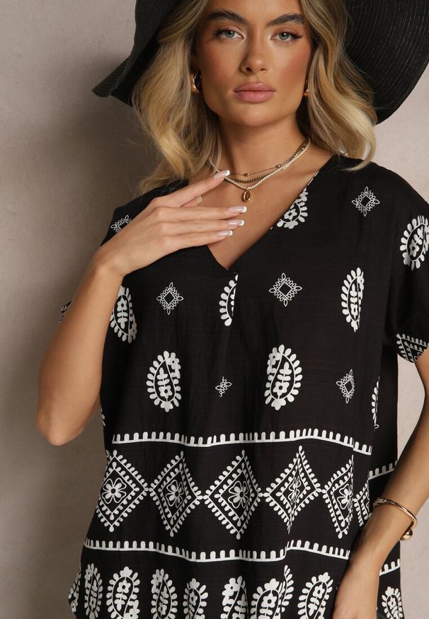 Renee - Czarny Komplet z Bawełny Spodnie o Szerokim Kroju i Koszula ze Wzorem Paisley Pavenn. Kolor: czarny. Materiał: bawełna. Wzór: paisley