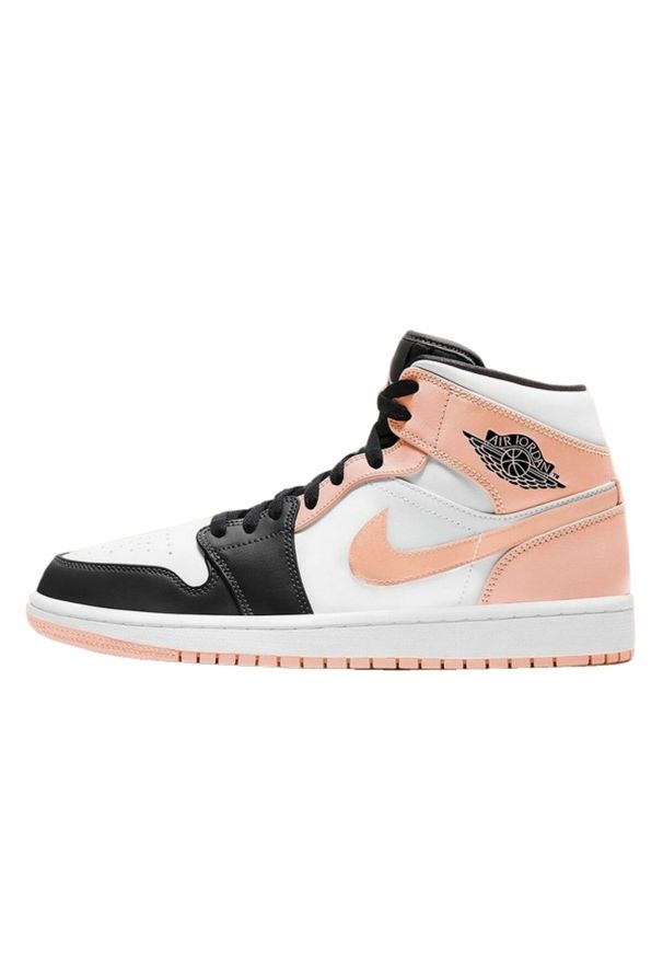 Buty do chodzenia męskie Nike Air Jordan 1 Retro Mid Crimson Tint. Kolor: różowy, czarny, wielokolorowy, biały. Materiał: skóra, syntetyk, materiał. Szerokość cholewki: normalna. Model: Nike Air Jordan. Sport: turystyka piesza
