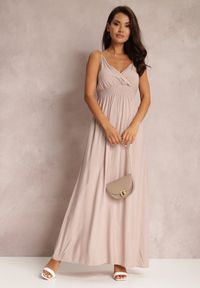 Renee - Beżowa Sukienka Sterinig. Kolor: beżowy. Materiał: bawełna. Długość rękawa: na ramiączkach. Typ sukienki: kopertowe. Długość: maxi #3