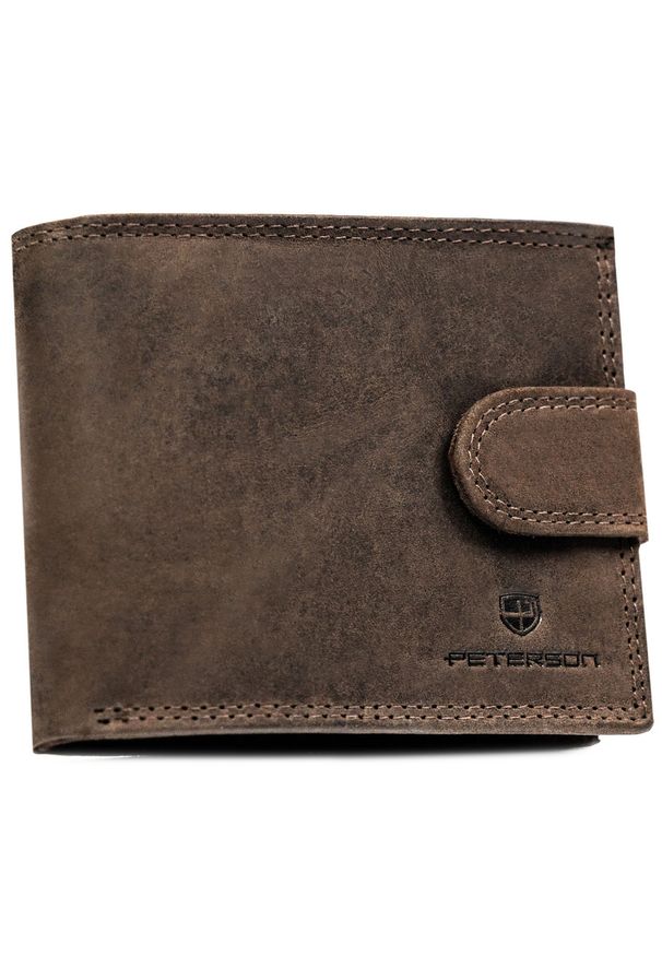Zestaw prezentowy: brelok i brązowy, skórzany portfel męski z zapięciem na zatrzask - Peterson. Kolor: brązowy. Materiał: skóra