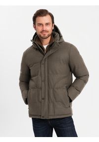 Ombre Clothing - Męska kurtka casualowa puffer z wełną – ciemnooliwkowy melanż V4 - Rozmiar: M. Okazja: na co dzień. Typ kołnierza: kołnierzyk stójkowy. Kolor: oliwkowy. Materiał: wełna. Długość: długie. Wzór: melanż. Styl: casual #5