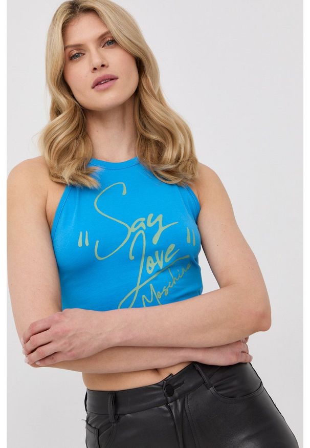 Love Moschino top damski. Kolor: niebieski. Długość rękawa: na ramiączkach. Wzór: nadruk