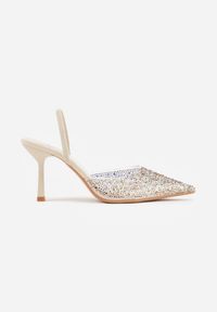 Renee - Beżowe Szpilki z Odkrytą Piętą i Transparentnym Noskiem z Cyrkoniami Kalinata. Okazja: na co dzień. Kolor: beżowy. Materiał: jeans, koronka. Wzór: aplikacja. Obcas: na szpilce. Styl: casual, klasyczny, wizytowy #6