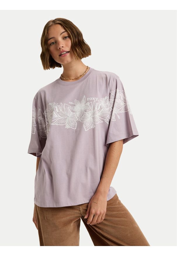 Roxy T-Shirt Hangloose Placed ERJZT06019 Fioletowy Oversize. Kolor: fioletowy. Materiał: bawełna
