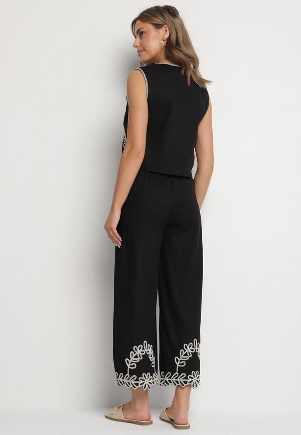 Born2be - Czarny Komplet z Bawełny Kamizelka i Spodnie Zdobione Haftem Sesitria. Kolor: czarny. Materiał: bawełna. Wzór: aplikacja, haft