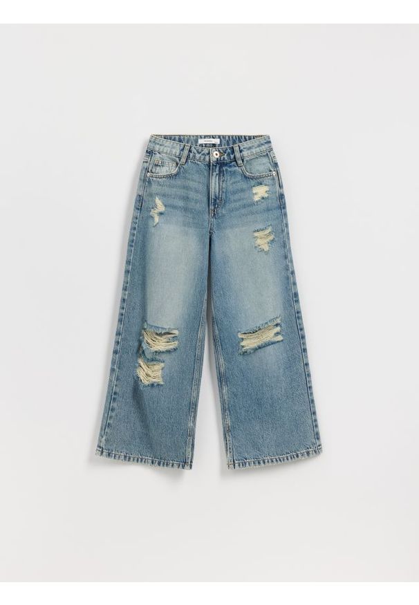 Reserved - Jeansy super wide leg z przetarciami - indigo jeans