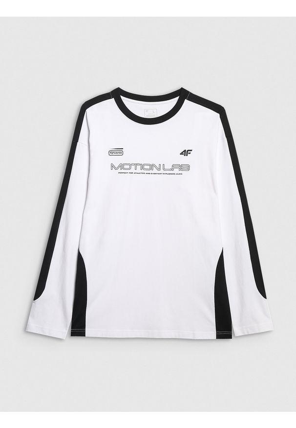 4f - 4F Longsleeve oversize z nadrukiem męski - biały XS. Kolor: biały. Długość rękawa: długi rękaw. Wzór: nadruk