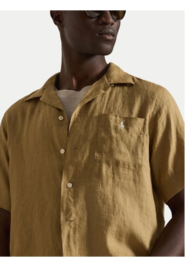 Polo Ralph Lauren Koszula 710966421502 Beżowy ciemny Regular Fit. Typ kołnierza: polo. Kolor: beżowy. Materiał: len