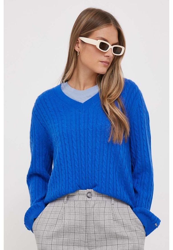 TOMMY HILFIGER - Tommy Hilfiger sweter wełniany damski kolor turkusowy lekki. Kolor: niebieski. Materiał: wełna. Długość rękawa: długi rękaw. Długość: długie. Wzór: ze splotem