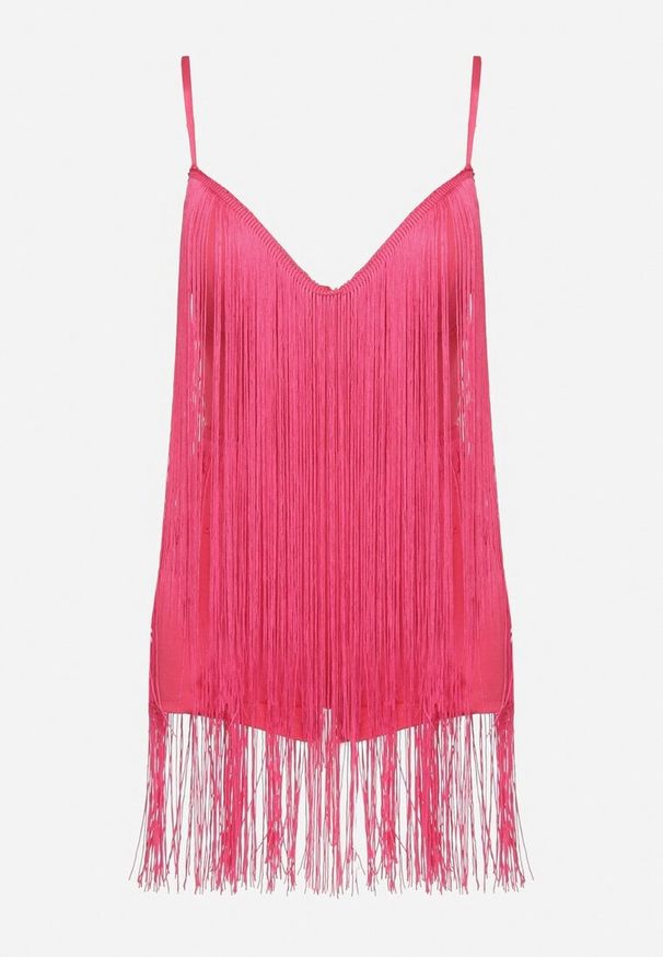 Born2be - Fuksjowy Krótki Kombinezon z Długimi Frędzlami i Regulowanymi Ramiączkami Odenthe. Kolor: różowy. Długość rękawa: na ramiączkach. Długość: krótkie. Wzór: aplikacja