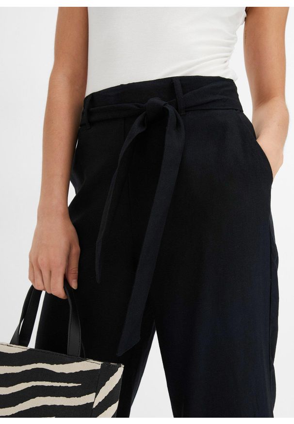bonprix - Spodnie culotte z przewiewnej mieszanki lnu. Kolor: czarny. Materiał: len, materiał