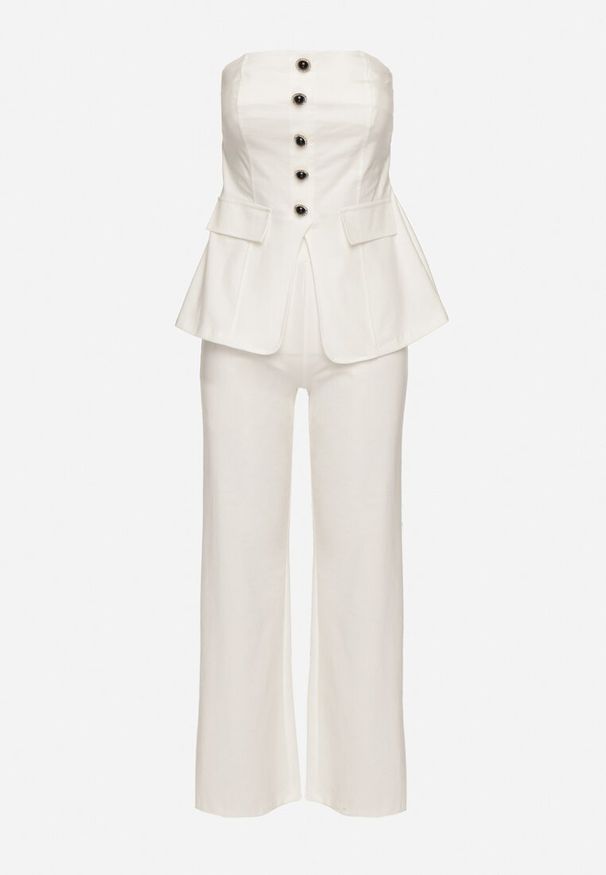 Born2be - Biały Komplet Top z Baskinką i Ozdobnymi Guzikami i Szerokie Spodnie Palesia. Kolor: biały