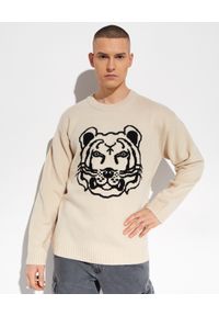 Kenzo - KENZO - Wełniany sweter z tygrysem. Kolor: beżowy. Materiał: wełna. Długość rękawa: długi rękaw. Długość: długie