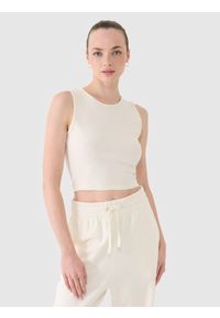 4f - 4F Crop top dzianinowy damski - biały M. Kolor: biały. Materiał: dzianina. Długość rękawa: na ramiączkach. Wzór: prążki, jednolity