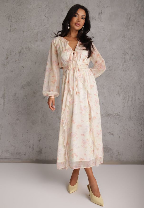 Renee - Żółta Eteryczna Sukienka Cut Out z Falbanami i Ozdobnym Wiązaniem Grynyla. Okazja: na randkę. Kolor: żółty. Materiał: poliester. Styl: boho, elegancki