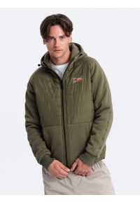 Ombre Clothing - Pikowana męska kurtka z kapturem i dzianinowymi rękawami – oliwkowa V4 - Rozmiar: M. Typ kołnierza: kaptur. Kolor: oliwkowy. Materiał: dzianina. Wzór: gładki. Styl: sportowy, elegancki #11