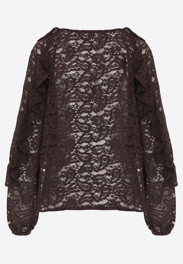 Born2be - Brązowa Bluzka z Koronki Ozdobiona Falbankami Sewola. Typ kołnierza: kołnierz z falbankami. Kolor: brązowy. Materiał: koronka. Wzór: aplikacja, koronka. Styl: elegancki
