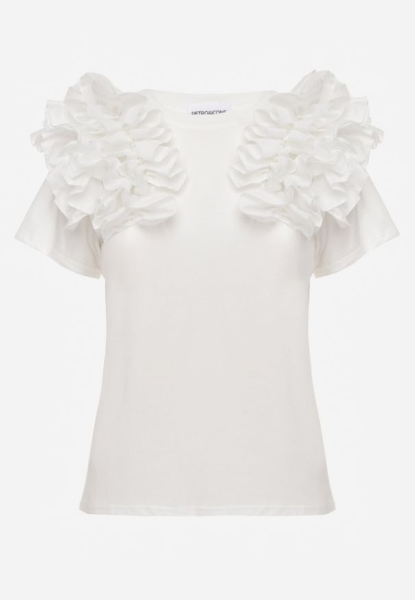 Renee - Biały T-shirt z Bawełny Ozdobiony Bufiastymi Falbankami Kandrra. Typ kołnierza: kołnierz z falbankami. Kolor: biały. Materiał: bawełna. Wzór: aplikacja