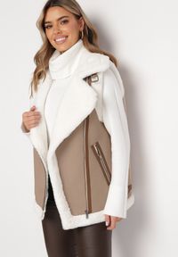 Born2be - Beżowa Kamizelka Bezrękawnik w Stylu Biker z Ekozamszu z Futerkiem Terone. Kolor: beżowy. Materiał: futro. Długość rękawa: bez rękawów. Wzór: aplikacja #4