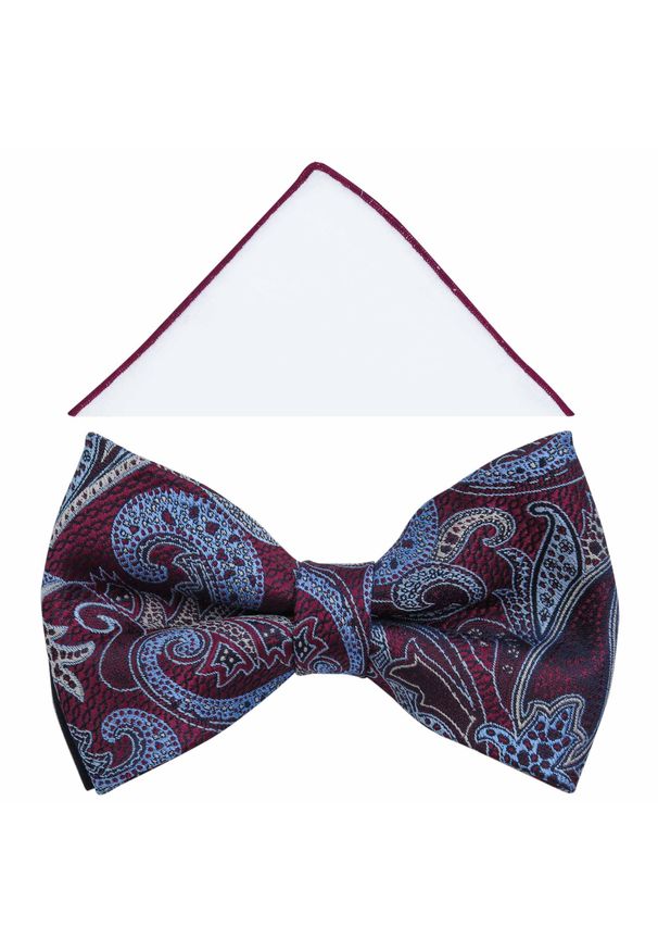 Modini - Bordowo-błękitna muszka we wzór - paisley A364. Kolor: wielokolorowy, czerwony, niebieski. Materiał: bawełna, poliester, tkanina. Wzór: paisley. Styl: elegancki