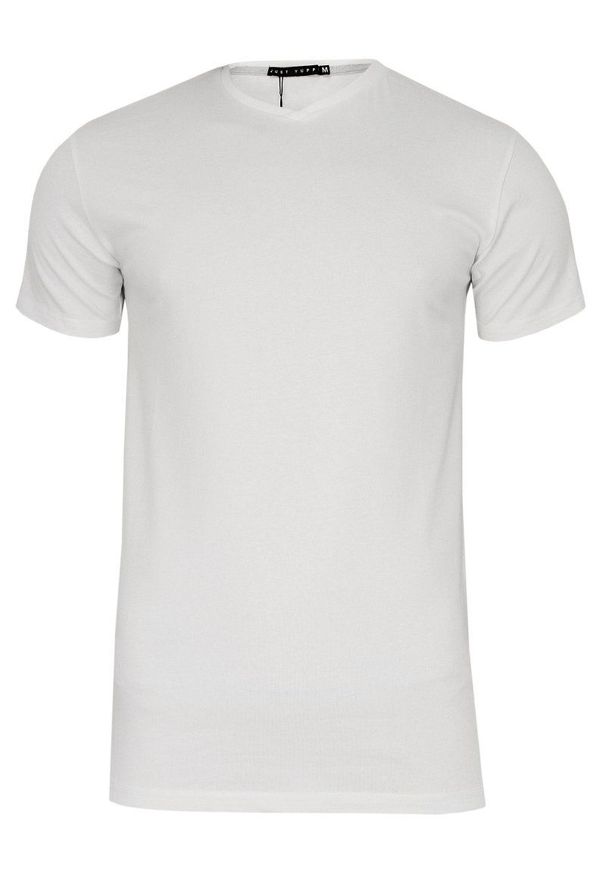Biały Jednokolorowy T-shirt Męski, Krótki Rękaw -Just Yuppi- Koszulka, BASIC, w Serek, V-neck. Okazja: na co dzień. Typ kołnierza: dekolt w serek. Kolor: biały. Materiał: bawełna, elastan. Długość rękawa: krótki rękaw. Długość: krótkie. Styl: casual