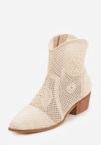 Renee - Beżowe Botki Kowbojki VICES na Niskim Stożku z Ażurową Cholewką Azinessa. Okazja: na co dzień. Kolor: beżowy. Materiał: zamsz, jeans. Szerokość cholewki: normalna. Wzór: ażurowy. Obcas: na stożku. Styl: casual. Wysokość obcasa: niski #7