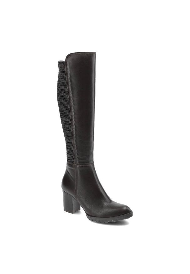 Brązowe Kozaki Grace Damskie Buty Na Obcasie. Kolor: brązowy. Materiał: materiał, skóra. Szerokość cholewki: normalna. Sezon: zima, jesień. Obcas: na obcasie. Styl: klasyczny, elegancki. Wysokość obcasa: średni