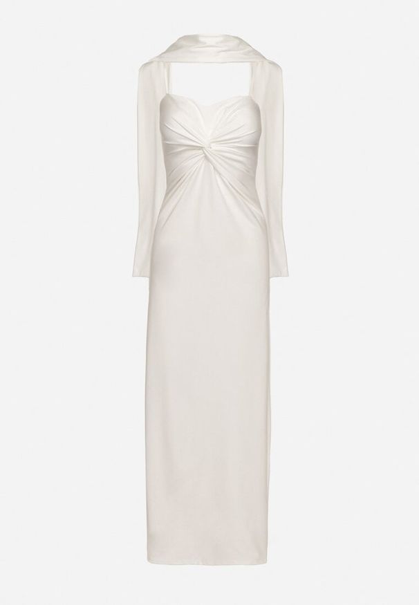 Born2be - Biała Taliowana Sukienka Ozdobiona Szalem i Marszczeniem Melovea. Okazja: na co dzień. Kolor: biały. Materiał: skóra. Długość rękawa: na ramiączkach. Wzór: aplikacja. Styl: casual, elegancki