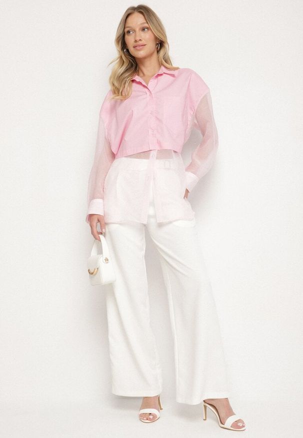 Born2be - Różowa Koszula z Transparentnymi Rękawami Silomea. Okazja: na co dzień. Kolor: różowy. Materiał: jeans. Wzór: aplikacja. Styl: casual