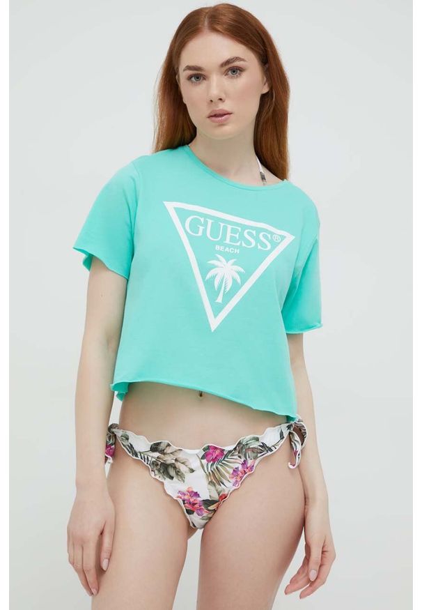 Guess t-shirt bawełniany kolor zielony. Kolor: zielony. Materiał: bawełna. Długość rękawa: krótki rękaw. Długość: krótkie. Wzór: nadruk
