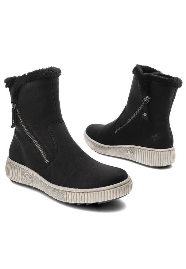 Czarne Botki Rieker Ocieplane Buty Damskie. Okazja: na co dzień, na spacer. Kolor: czarny. Materiał: syntetyk, materiał. Sezon: jesień, zima. Styl: casual, klasyczny, elegancki